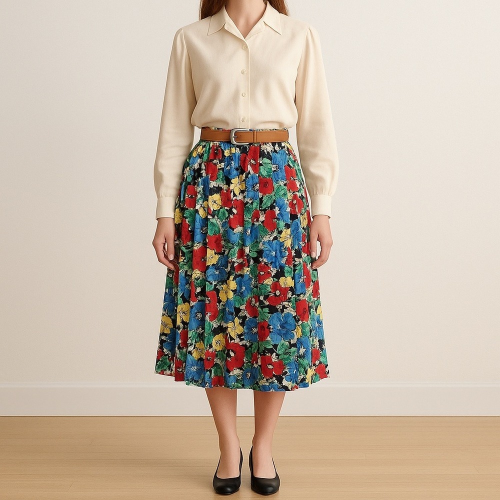 Vintage 80s Worthington Petite S Floral Pleated Midi Skirt Rayon Made USA